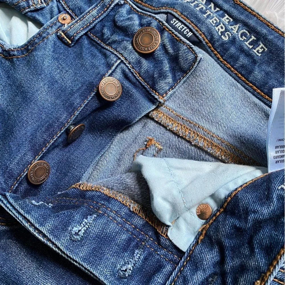 American Eagle Tomgirl Jeans Button‎ Fly Raw Ankle Hem Blue Stretch Distressed 2